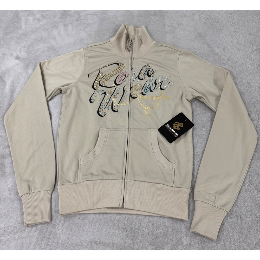 Rocawear Y2K Rhinestone Logo Full Zip Track Jacket Tan Beige Womens Small NWT